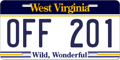 WV license plate OFF201