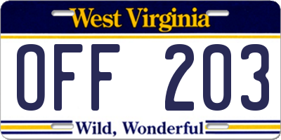 WV license plate OFF203