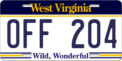 WV license plate OFF204