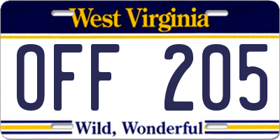 WV license plate OFF205