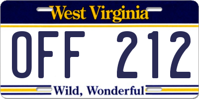 WV license plate OFF212