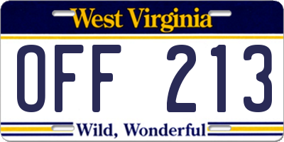 WV license plate OFF213