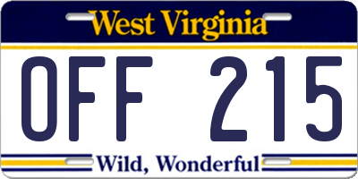 WV license plate OFF215