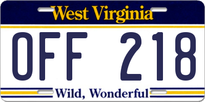 WV license plate OFF218