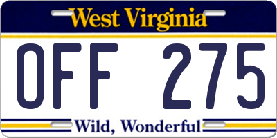 WV license plate OFF275