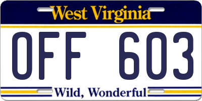 WV license plate OFF603