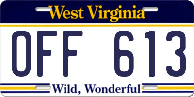 WV license plate OFF613