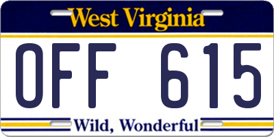 WV license plate OFF615