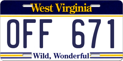 WV license plate OFF671