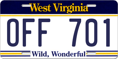 WV license plate OFF701