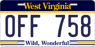 WV license plate OFF758