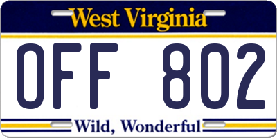 WV license plate OFF802