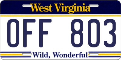 WV license plate OFF803