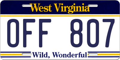 WV license plate OFF807