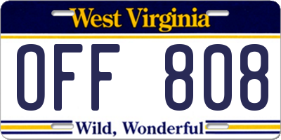 WV license plate OFF808