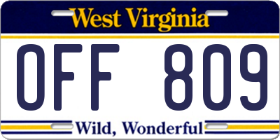 WV license plate OFF809