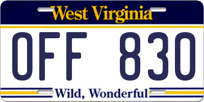WV license plate OFF830