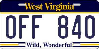 WV license plate OFF840