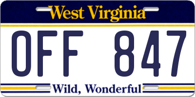 WV license plate OFF847