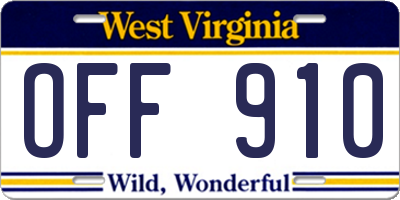 WV license plate OFF910