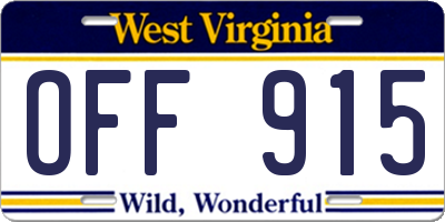 WV license plate OFF915