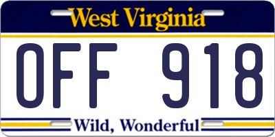 WV license plate OFF918