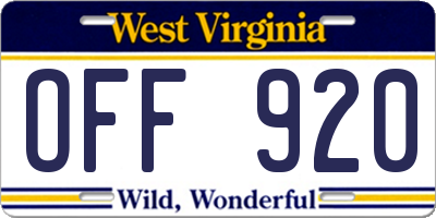 WV license plate OFF920