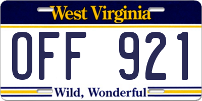 WV license plate OFF921