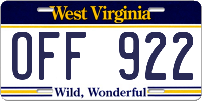 WV license plate OFF922