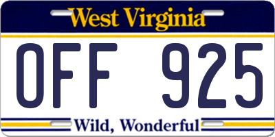 WV license plate OFF925