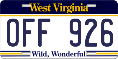 WV license plate OFF926