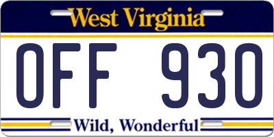 WV license plate OFF930