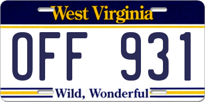 WV license plate OFF931