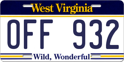 WV license plate OFF932