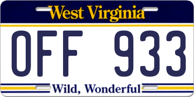 WV license plate OFF933