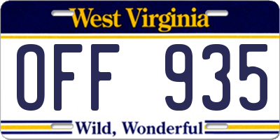 WV license plate OFF935