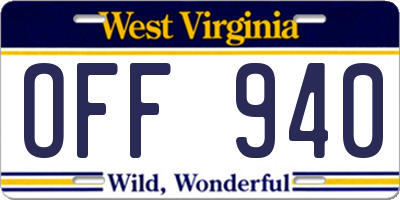 WV license plate OFF940