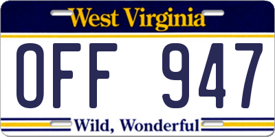 WV license plate OFF947