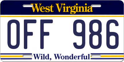 WV license plate OFF986