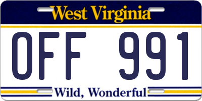 WV license plate OFF991