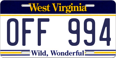 WV license plate OFF994