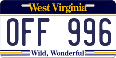 WV license plate OFF996