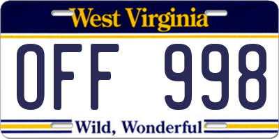 WV license plate OFF998