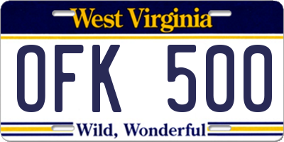 WV license plate OFK500