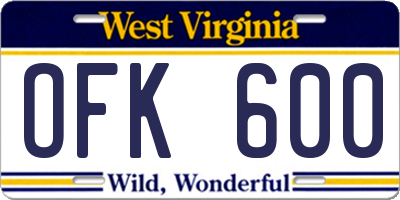 WV license plate OFK600