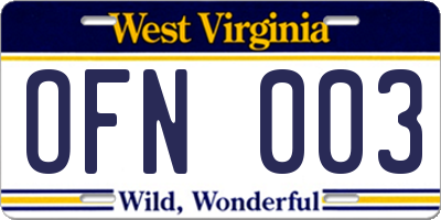 WV license plate OFN003