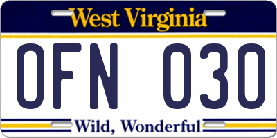 WV license plate OFN030