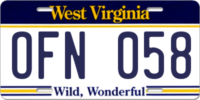 WV license plate OFN058