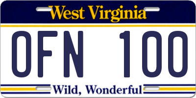 WV license plate OFN100
