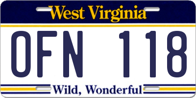 WV license plate OFN118